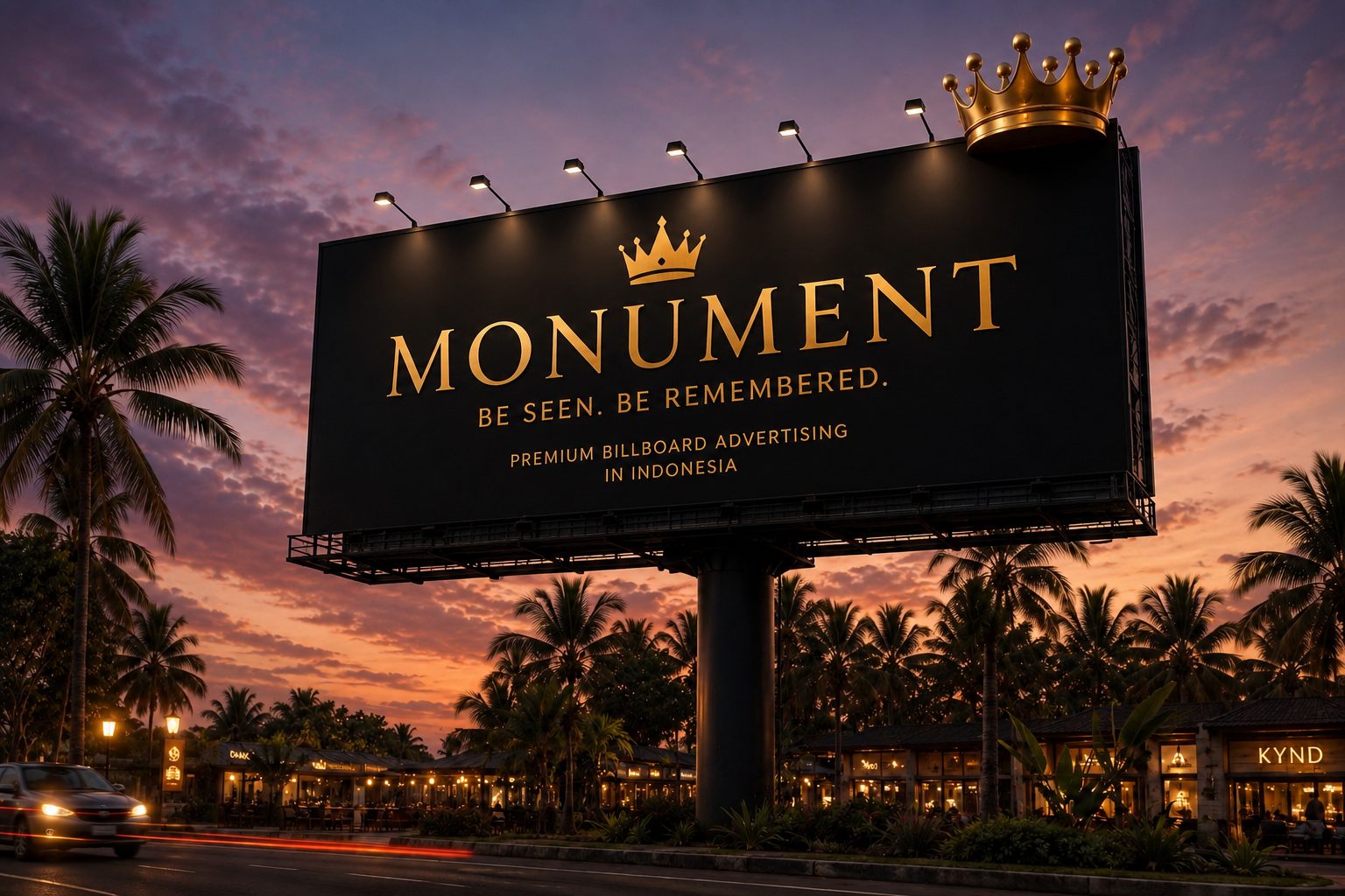 An illuminated black and gold MONUMENT billboard crowned in gold, above palm trees at sunset