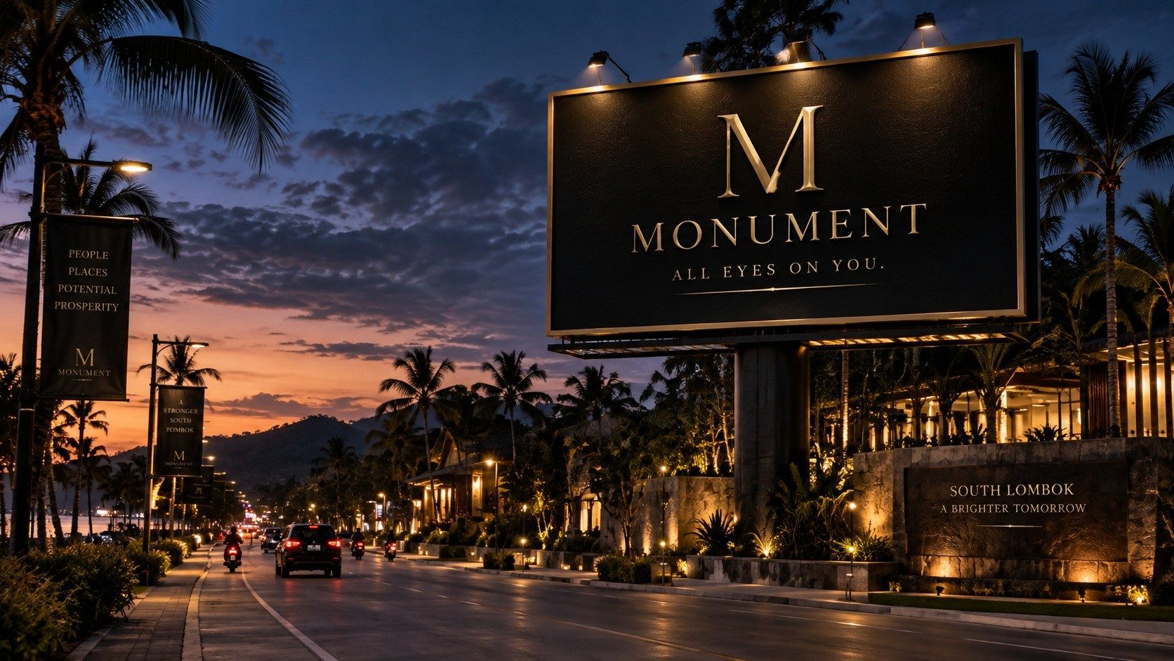 A MONUMENT billboard lit in gold above a palm-lined boulevard in South Lombok at dusk