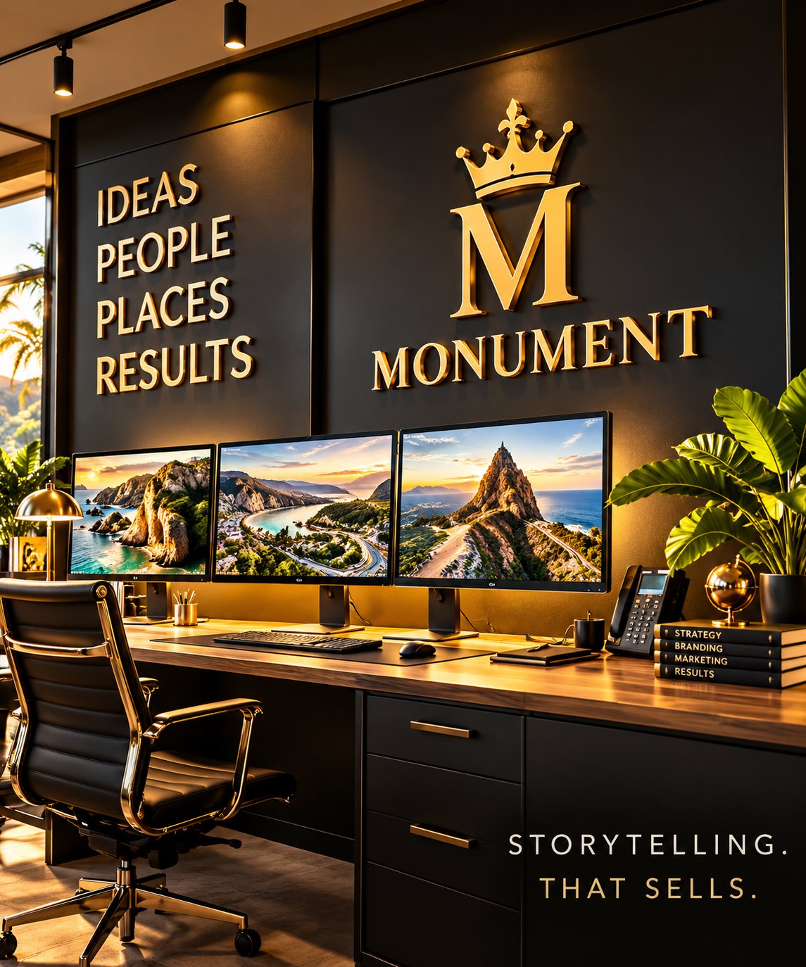 The MONUMENT Creative studio, with campaign concepts on screens and the words Ideas, People, Places, Results and Storytelling that sells on the wall